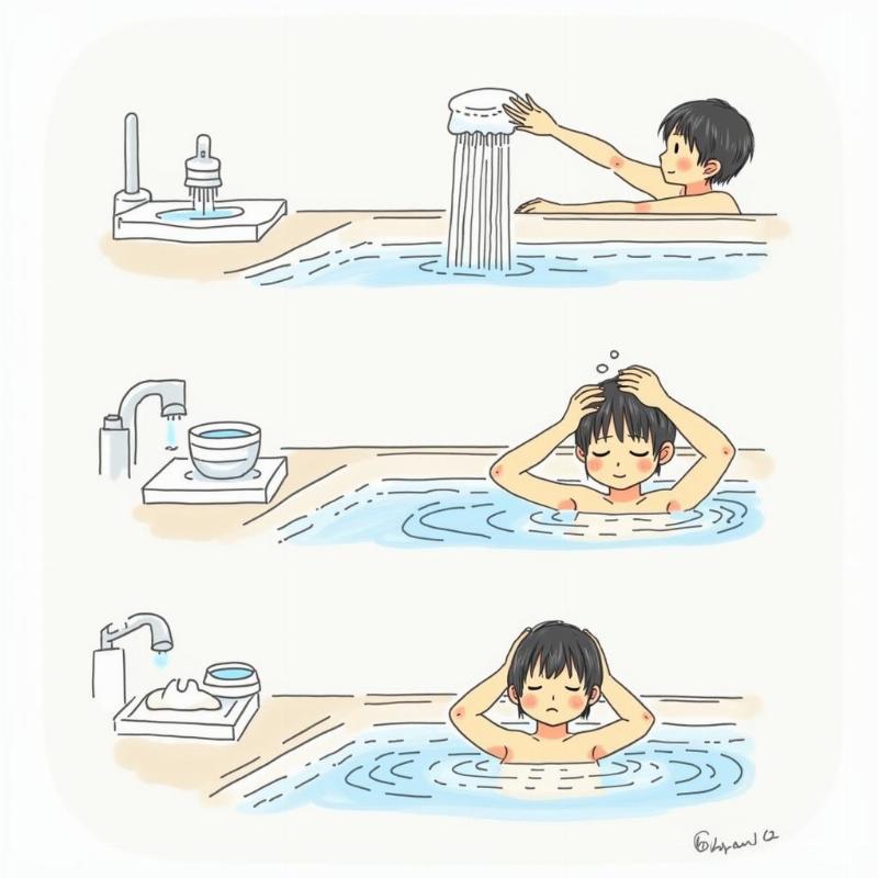 Các bước tắm Onsen đúng cách chi tiết, từ chuẩn bị đồ dùng cá nhân đến ngâm mình trong suối nước nóng và thư giãn